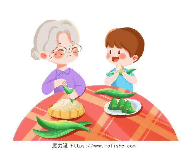 端午节吃粽子包粽子卡通人物PNG素材